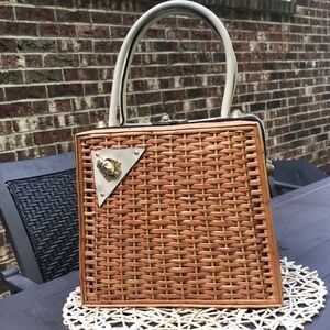 Vintage Woven Wicker Handbag w/ Leather Trim